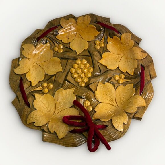 Large Handmade Coconut Wood Leaf and Berry Hand Carved Plaque Wall Art 13 1/2” - Picture 1 of 3